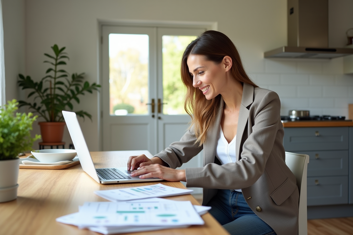 Femme dâgée utilisant un ordinateur dans une cuisine lumineuse