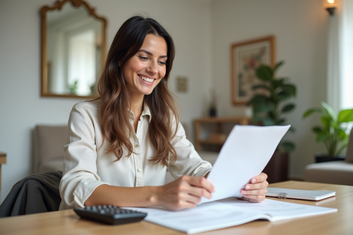 Femme souriante en bureau organisant ses papiers