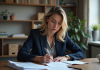 Femme concentrée remplissant des papiers administratifs chez elle