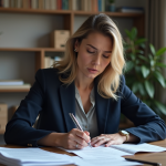 Plainte contre propriétaire : démarches et recours à connaître en France Femme concentrée remplissant des papiers administratifs chez elle