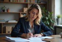 Plainte contre propriétaire : démarches et recours à connaître en France Femme concentrée remplissant des papiers administratifs chez elle