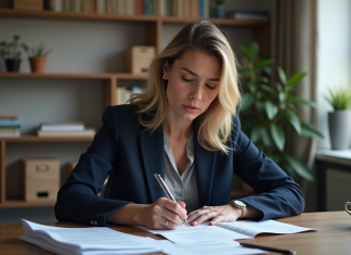 Plainte contre propriétaire : démarches et recours à connaître en France Femme concentrée remplissant des papiers administratifs chez elle