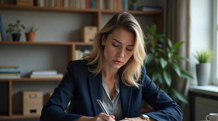 Plainte contre propriétaire : démarches et recours à connaître en France Femme concentrée remplissant des papiers administratifs chez elle