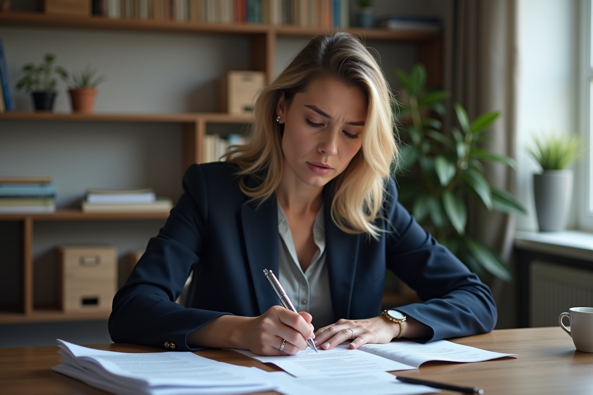 Femme concentrée remplissant des papiers administratifs chez elle