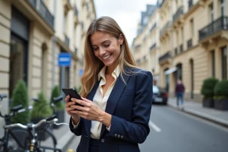 Femme souriante dans Paris avec vélo et Eiffel en arrière-plan