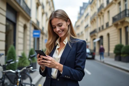Femme souriante dans Paris avec v&eacute;lo et Eiffel en arri&egrave;re-plan