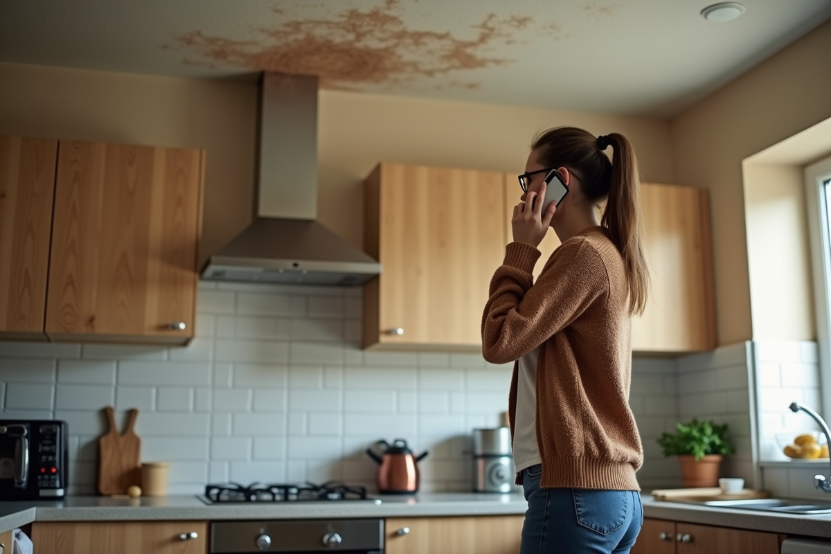 Jeune femme parlant au téléphone devant un plafond humide en cuisine