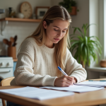 Femme concentrée remplissant des papiers de prêt immobilier