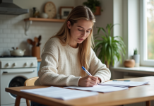 Femme concentrée remplissant des papiers de prêt immobilier