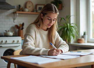 Femme concentrée remplissant des papiers de prêt immobilier