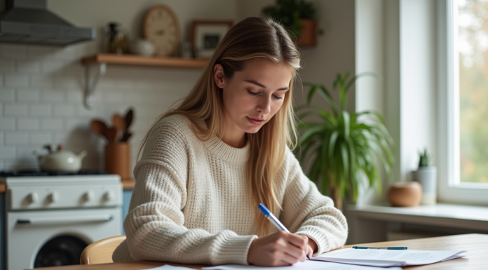 Femme concentrée remplissant des papiers de prêt immobilier