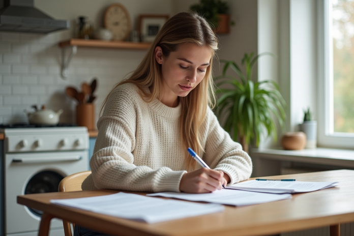 Femme concentrée remplissant des papiers de prêt immobilier