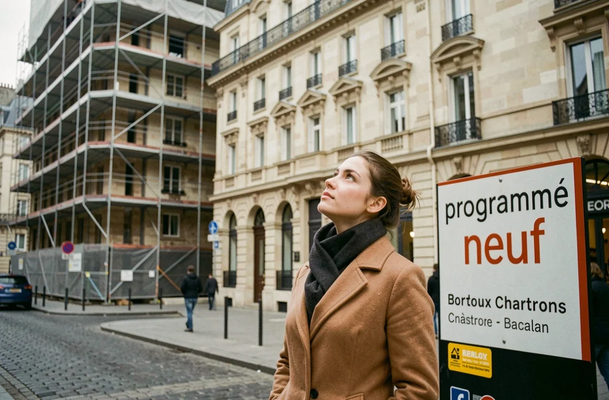 Femme contemplant un programme immobilier neuf dans le quartier des Chartrons à Bordeaux
