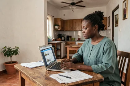 Femme sénégalaise comparant des offres de location d'appartement à Dakar sur son ordinateur portable