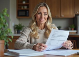 Déductions impôts résidence principale : quels travaux ? Femme d'âge moyen vérifiant ses factures de rénovation à la maison