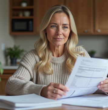 Déductions impôts résidence principale : quels travaux ? Femme d'âge moyen vérifiant ses factures de rénovation à la maison