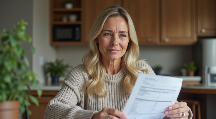 Déductions impôts résidence principale : quels travaux ? Femme d'âge moyen vérifiant ses factures de rénovation à la maison
