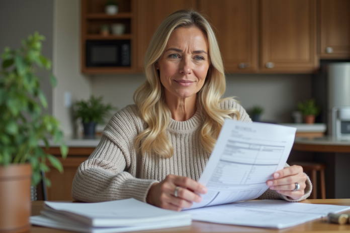 Femme d'âge moyen vérifiant ses factures de rénovation à la maison