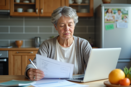 Femme d'âge moyen examine des documents fiscaux à la maison