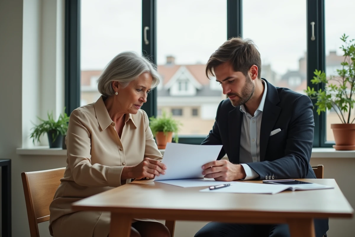 Femme examine des papiers immobiliers avec son fils dans un appartement