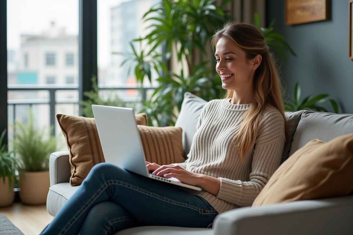 Femme détendue sur un canapé avec un ordinateur portable