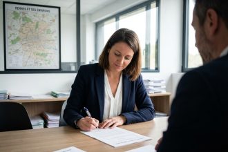 Femme professionnelle signant un contrat immobilier à Rennes