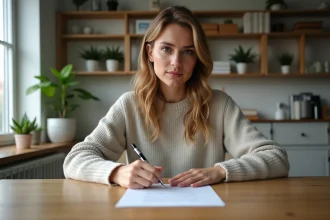 Femme signant une lettre dans une cuisine chaleureuse