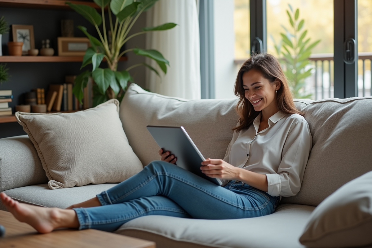 Jeune femme souriante consulte des statistiques de location sur une tablette