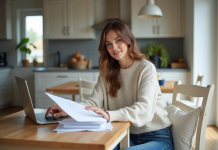 Femme assise à la cuisine avec documents et ordinateur
