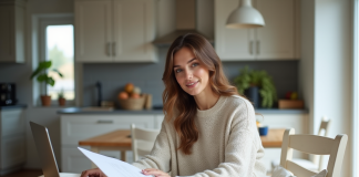 Femme assise à la cuisine avec documents et ordinateur