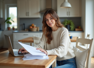 Femme assise à la cuisine avec documents et ordinateur