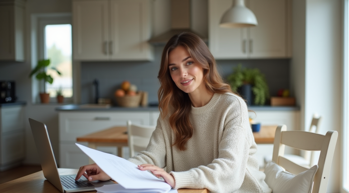 Déménagement : quel papier administratif changer ? Femme assise à la cuisine avec documents et ordinateur