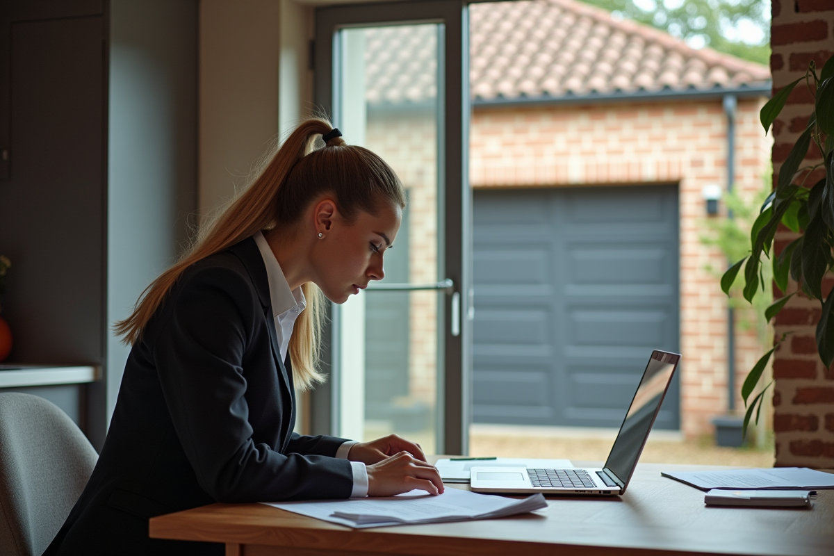 Jeune femme travaillant sur ses papiers dans une cuisine avec garage visible