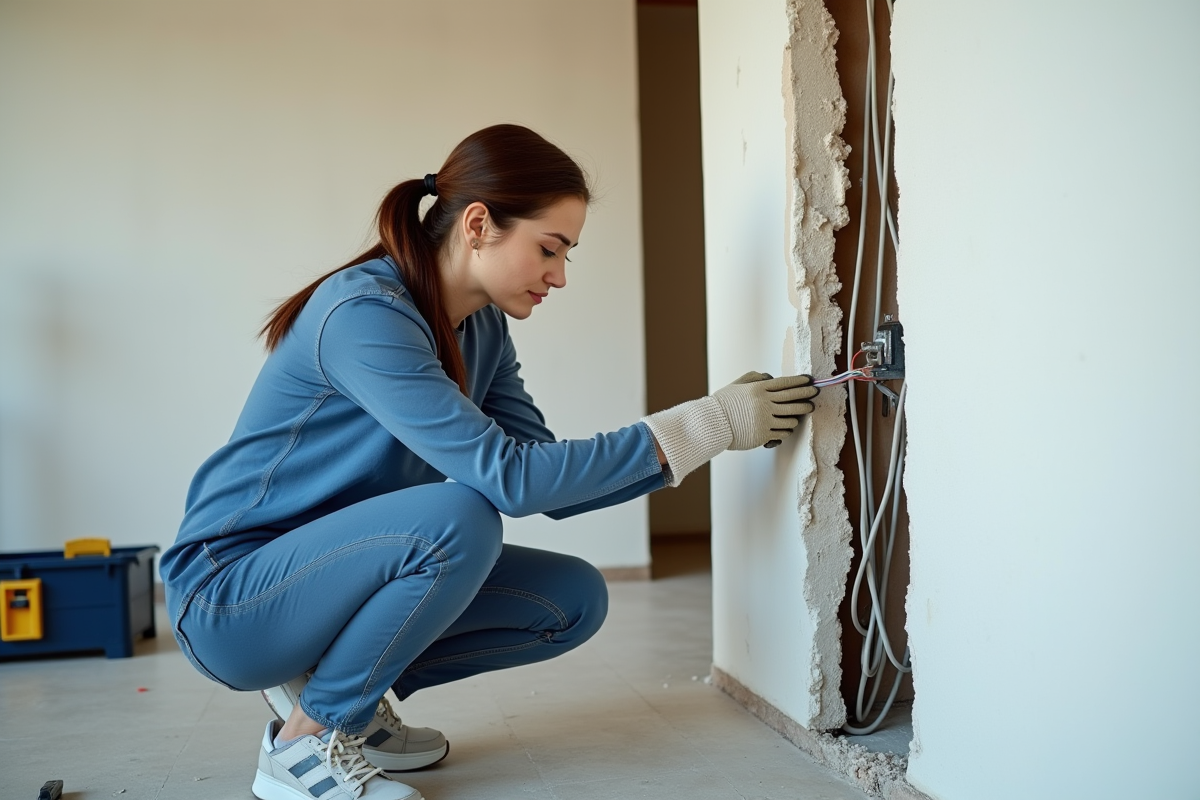 Jeune femme touche un fil électrique dans un mur en rénovation