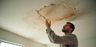 Propriétaire inquiet inspectant des dégâts d'eau au plafond dans un salon lumineux en Floride