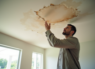 Propriétaire inquiet inspectant des dégâts d'eau au plafond dans un salon lumineux en Floride