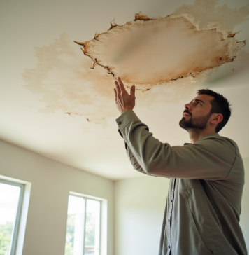 Propriétaire inquiet inspectant des dégâts d'eau au plafond dans un salon lumineux en Floride