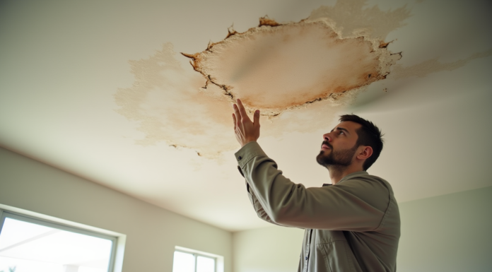 Propriétaire inquiet inspectant des dégâts d'eau au plafond dans un salon lumineux en Floride
