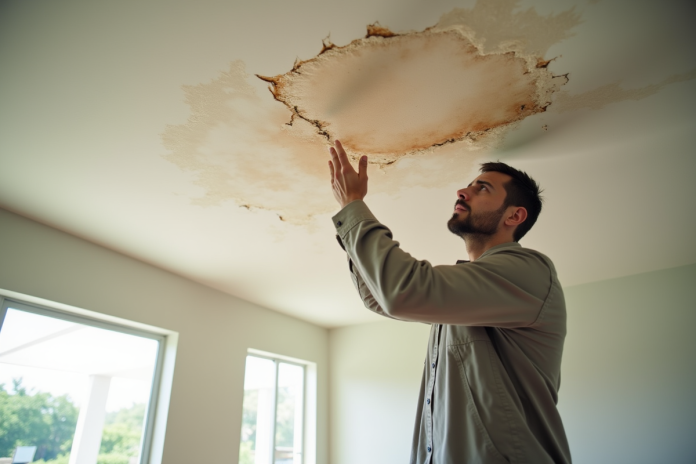 Propriétaire inquiet inspectant des dégâts d'eau au plafond dans un salon lumineux en Floride