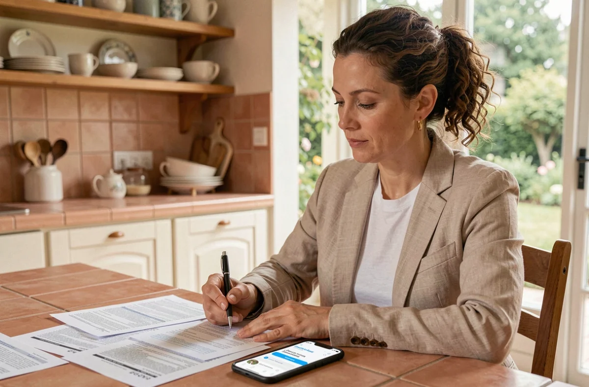Propriétaire gérant ses documents de location avec l'application Prop Itea depuis sa cuisine