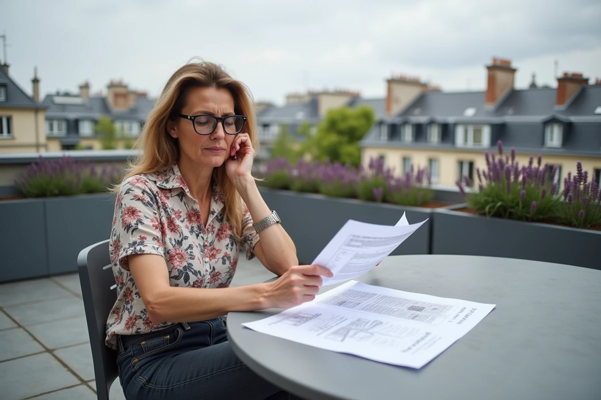 Femme consultant des documents fiscaux sur une grande terrasse urbaine pavée de pierre