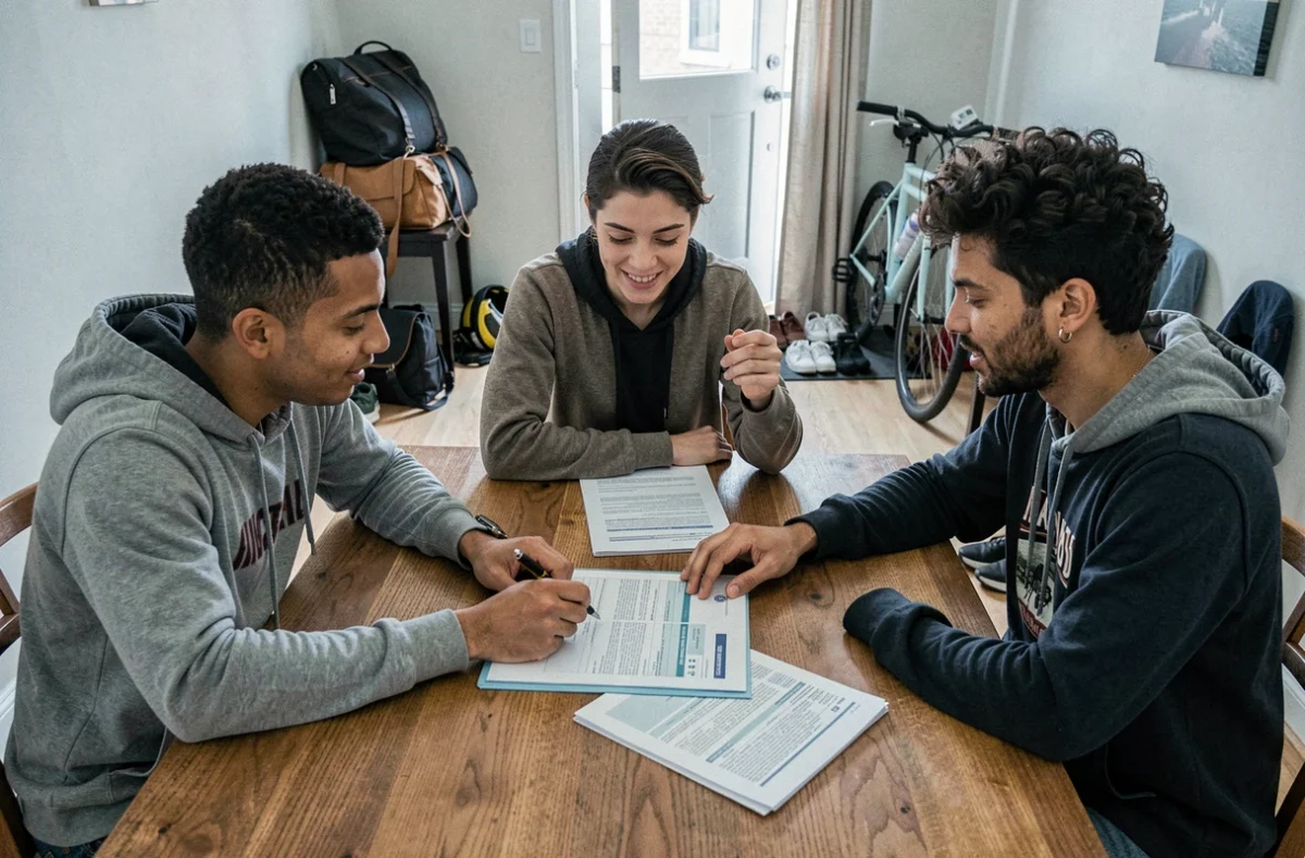 Trois colocataires signant ensemble un contrat d'assurance habitation autour d'une table dans leur appartement