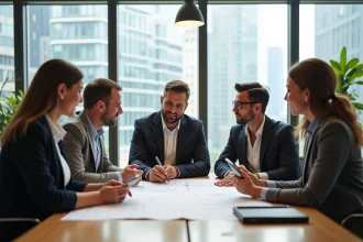 Groupe de professionnels en réunion dans un bureau lumineux