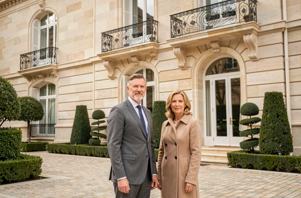 Villa de luxe en pierre avec balcon en fer forgé construite par Guarintinov dans un quartier résidentiel huppé de la région parisienne