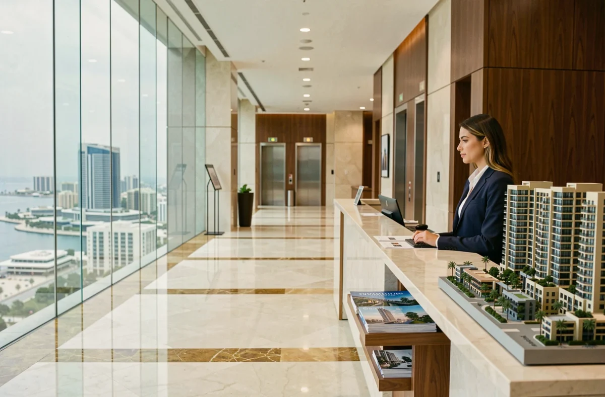 Hall d'entrée moderne d'un immeuble de bureaux premium à Dubaï évoquant les standards de la tour Almas dans le quartier JLT