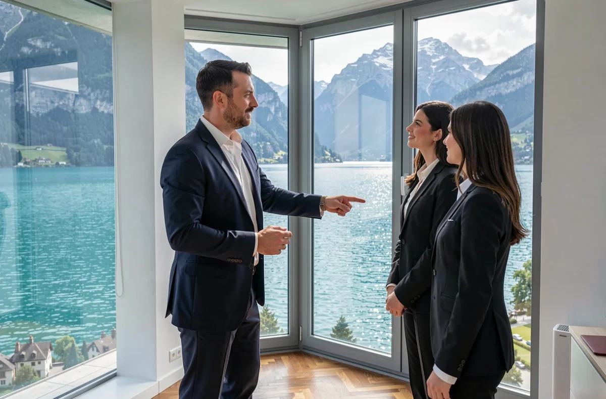 Conseiller Home Select présentant un appartement avec vue sur le lac d'Annecy à des clients