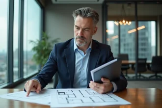 Homme d'affaires en costume bleu pointant un plan