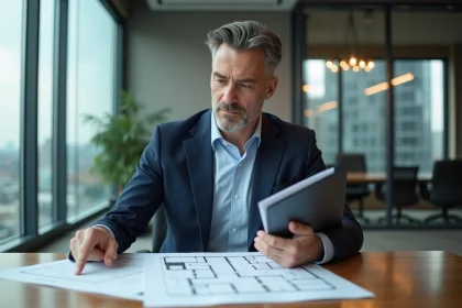 Homme d'affaires en costume bleu pointant un plan