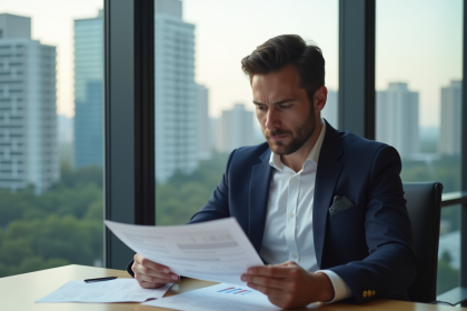 Homme en blazer analysant un rapport de location dans un appartement moderne