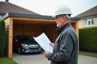 Homme en travail examinant plans devant carport moderne